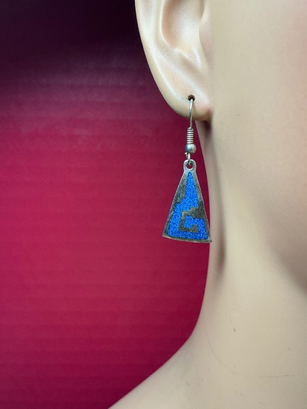 Sterling Silver Mexico Geometric Triangle Design Crushed Turquoise Inlay. 1.5” - Picture 2 of 8